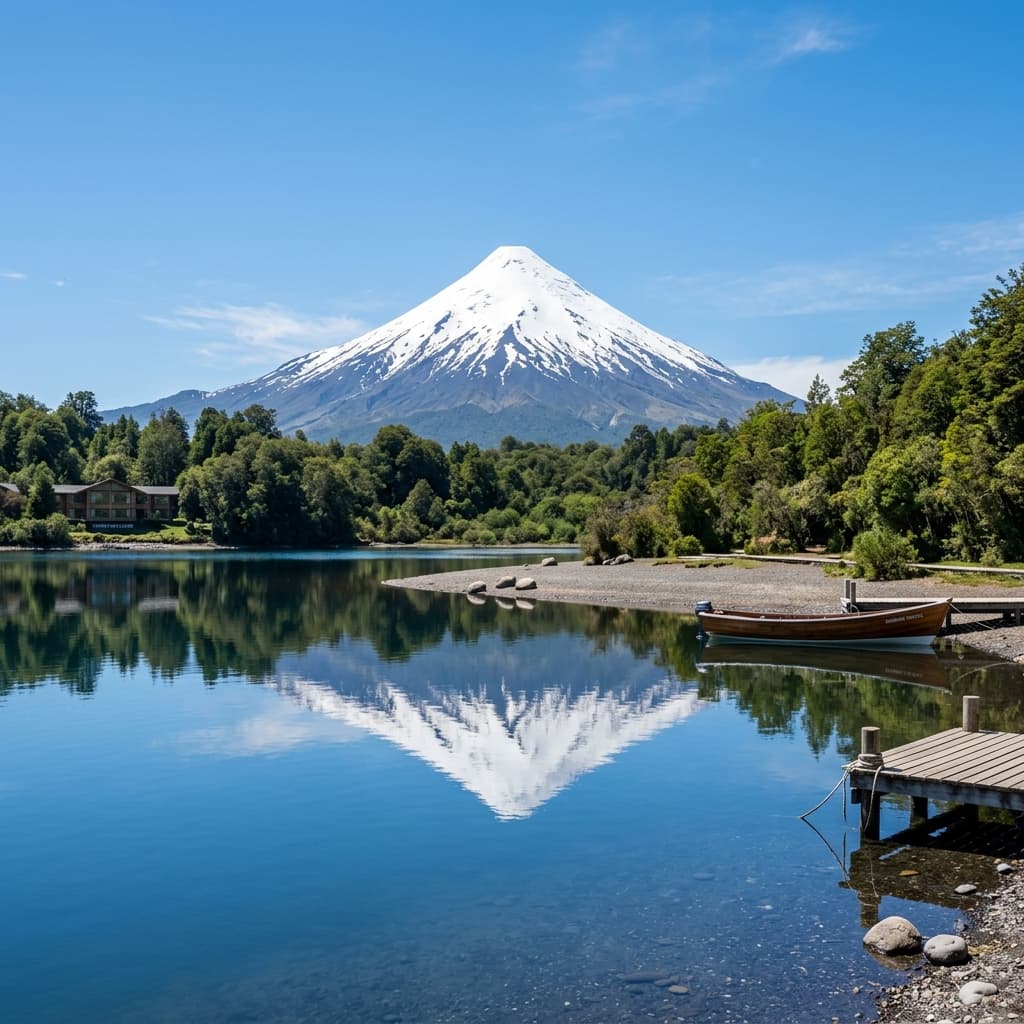 A snow-capped volcano with a lake in front.